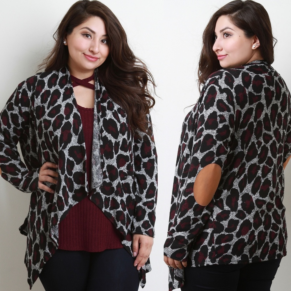 2x 3x Leopard Contrast Elbow Patch Open Cardigan - Picture 6 of 7